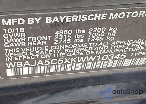 2019 BMW 530I z USA, uszkodzony, nr VIN WBAJA5C5XKWW10345